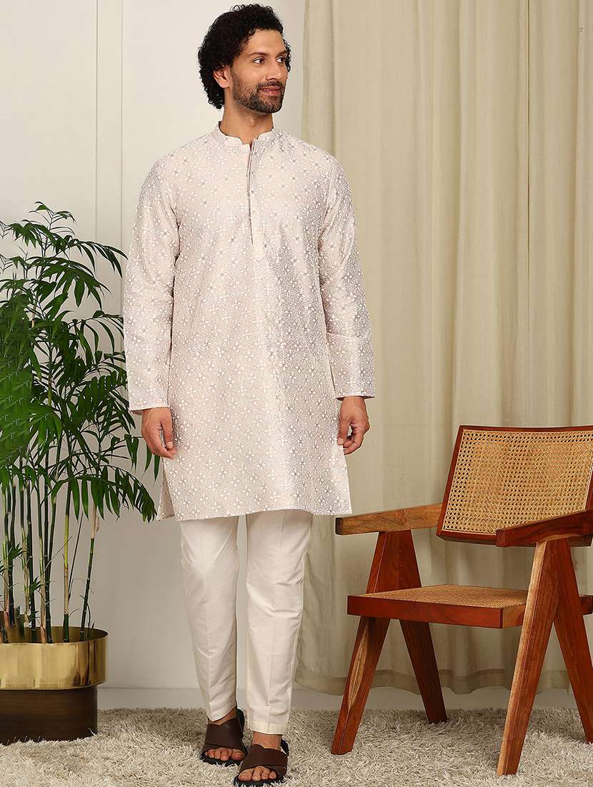 men solid with work mandarin neck kurta pyjama set