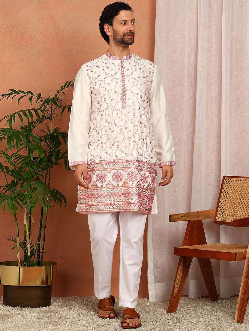 men solid with work mandarin neck kurta pyjama set - 22481467 -  Standard Image - 2