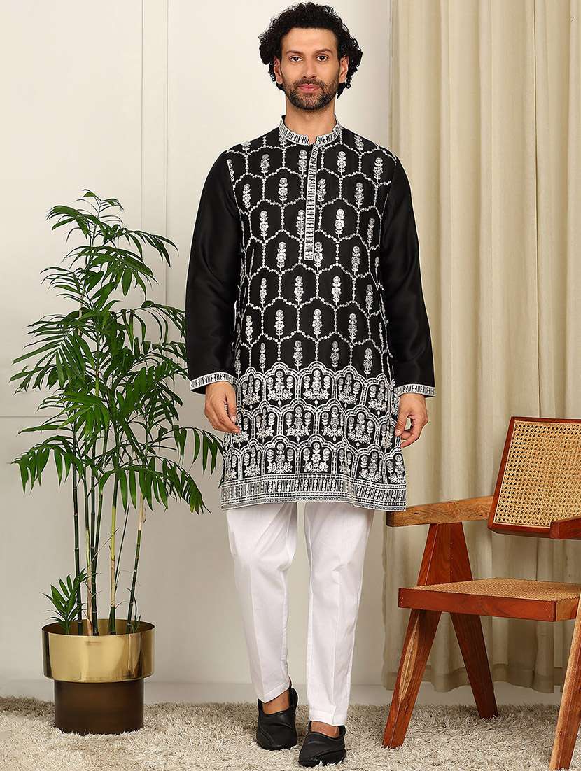 men solid with work mandarin neck kurta pyjama set