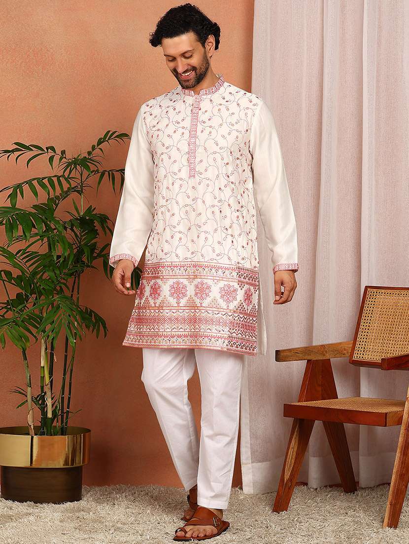 men solid with work mandarin neck kurta pyjama set - 22481474 -  Standard Image - 2