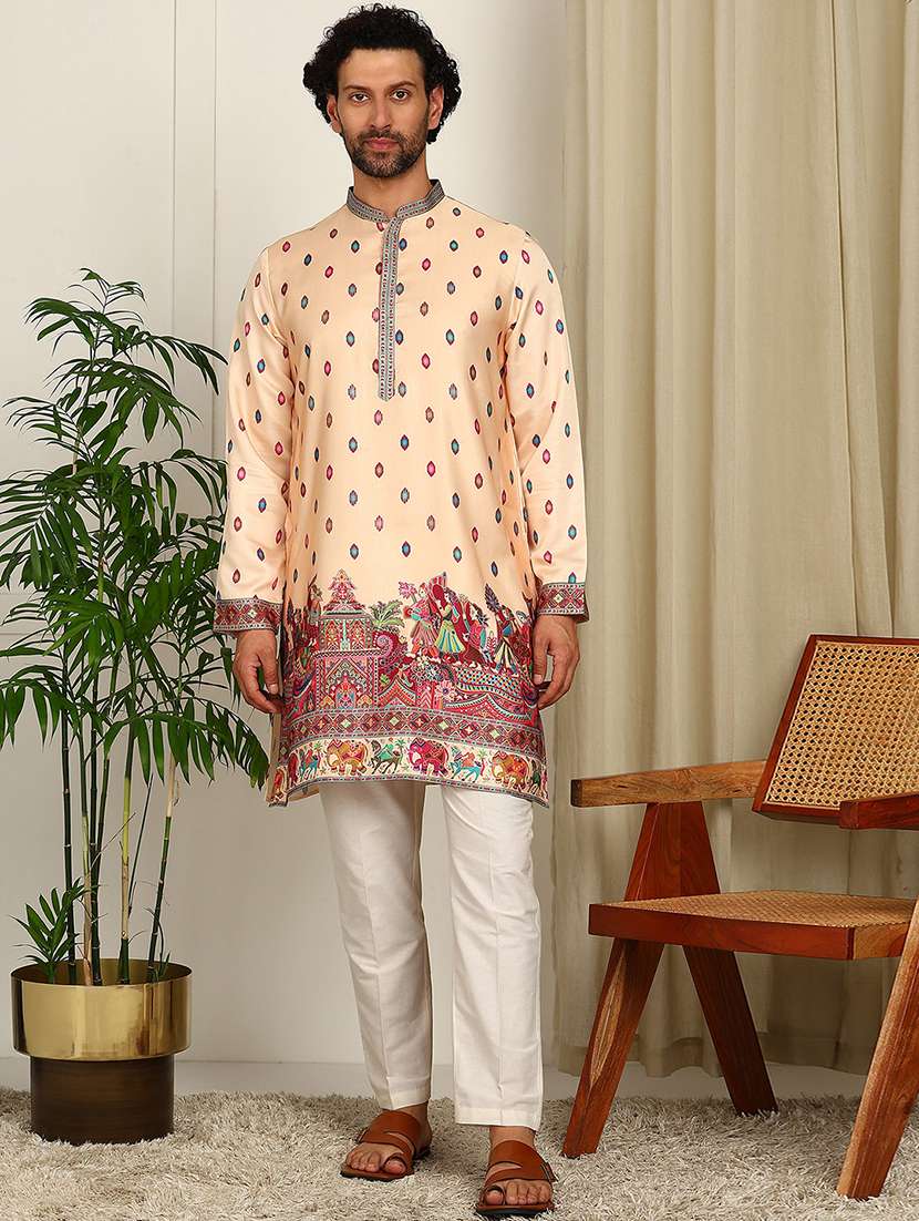 men printed mandarin neck kurta pyjama set