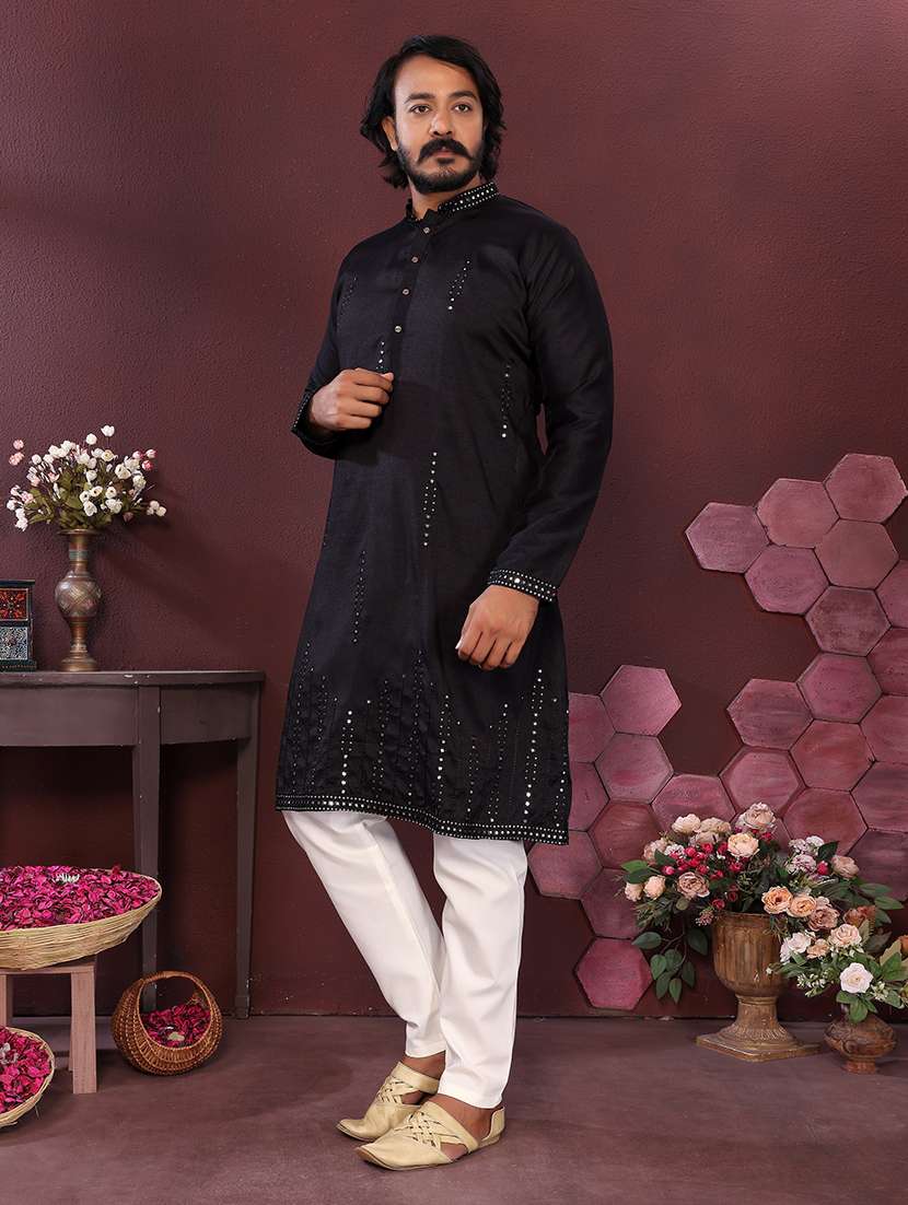 men solid with work mandarin neck long kurta - 22481562 -  Standard Image - 2