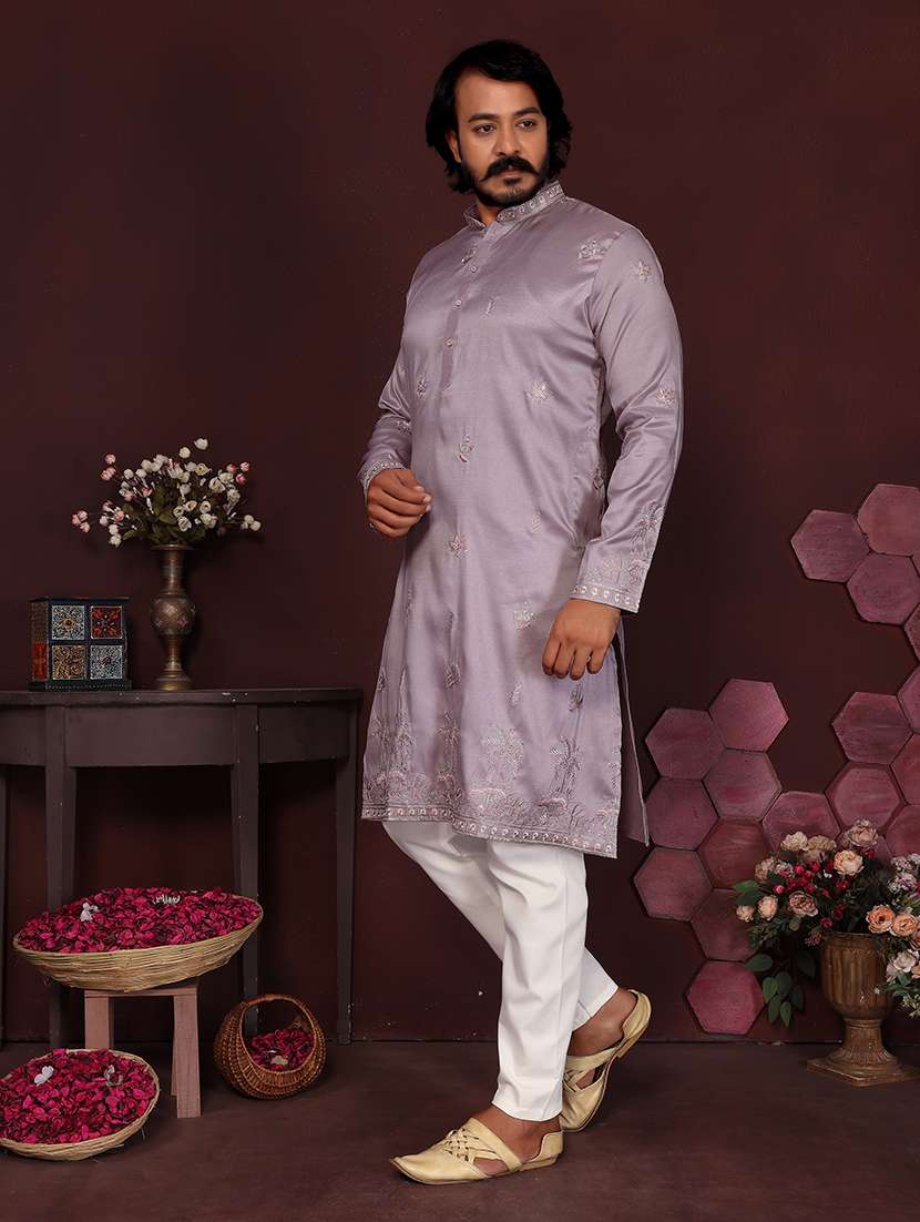 men solid with work mandarin neck long kurta - 22481567 -  Standard Image - 2
