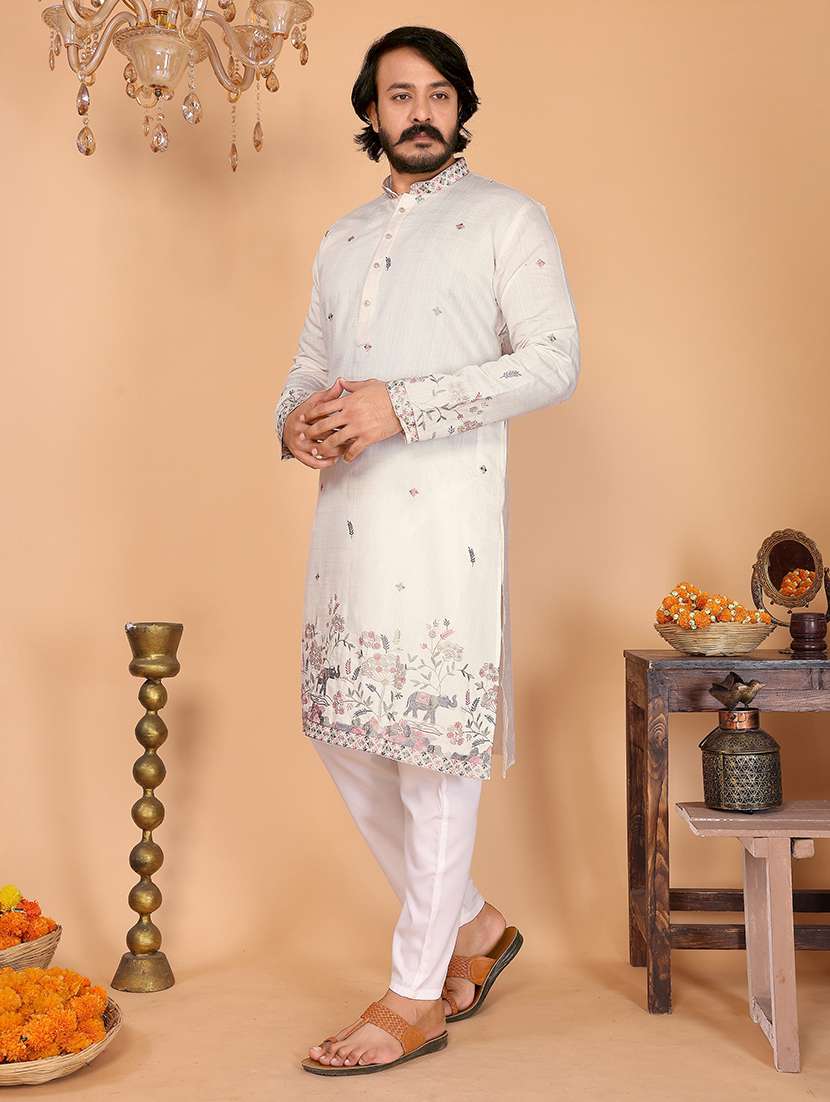 men solid woth work mandarin neck long kurta - 22481585 -  Standard Image - 2