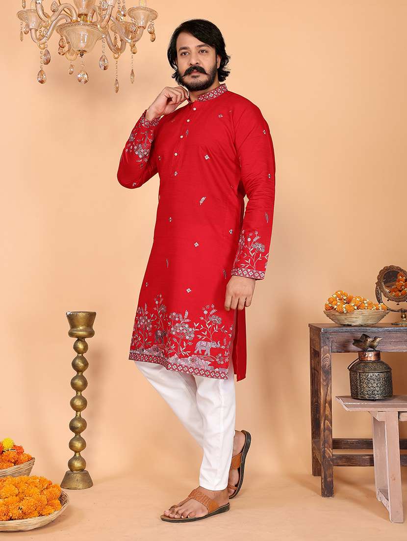 men solid woth work mandarin neck long kurta - 22481589 -  Standard Image - 2