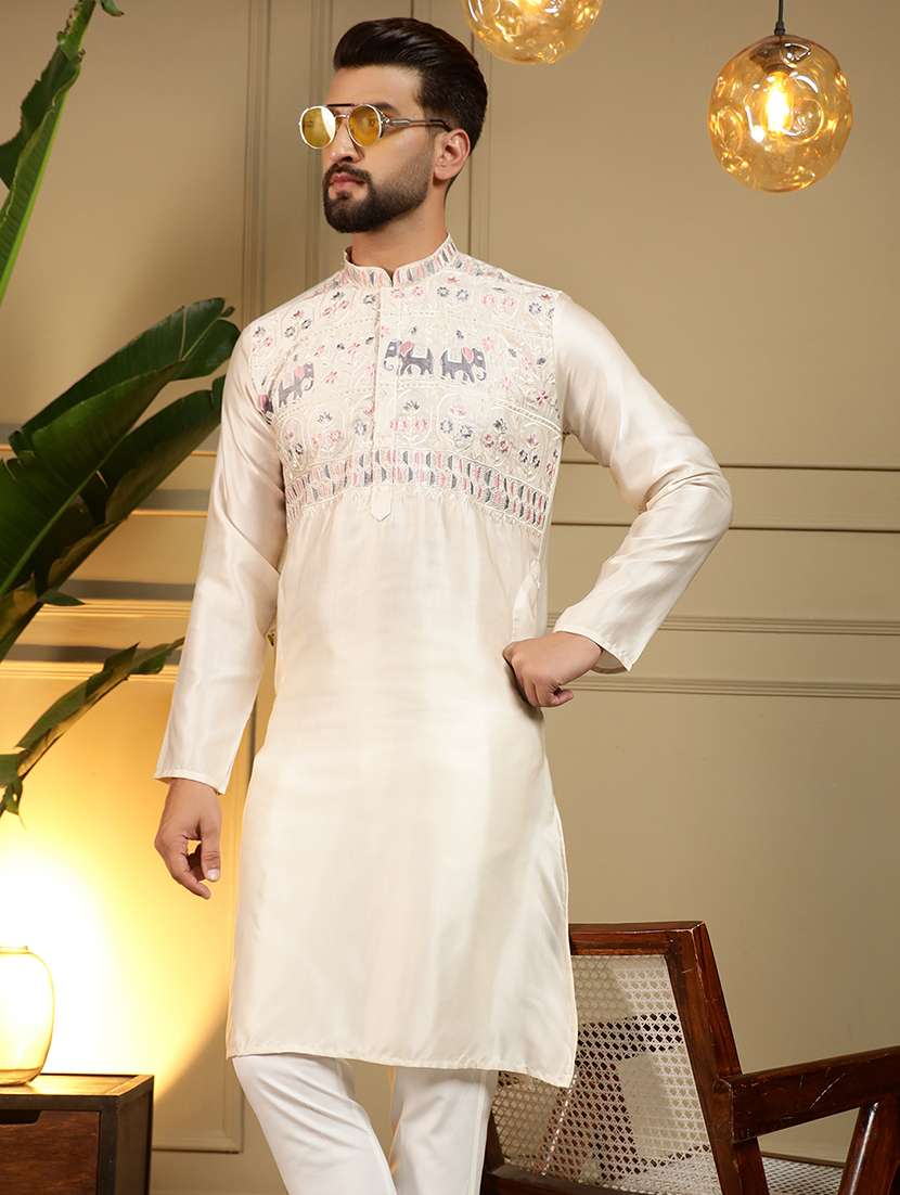 men solid with work mandarin neck long kurta - 22481598 -  Standard Image - 2