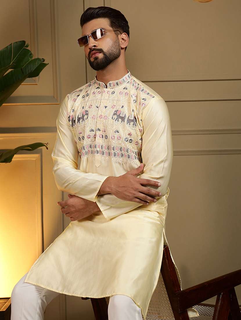 men solid with work mandarin neck long kurta - 22481602 -  Standard Image - 2