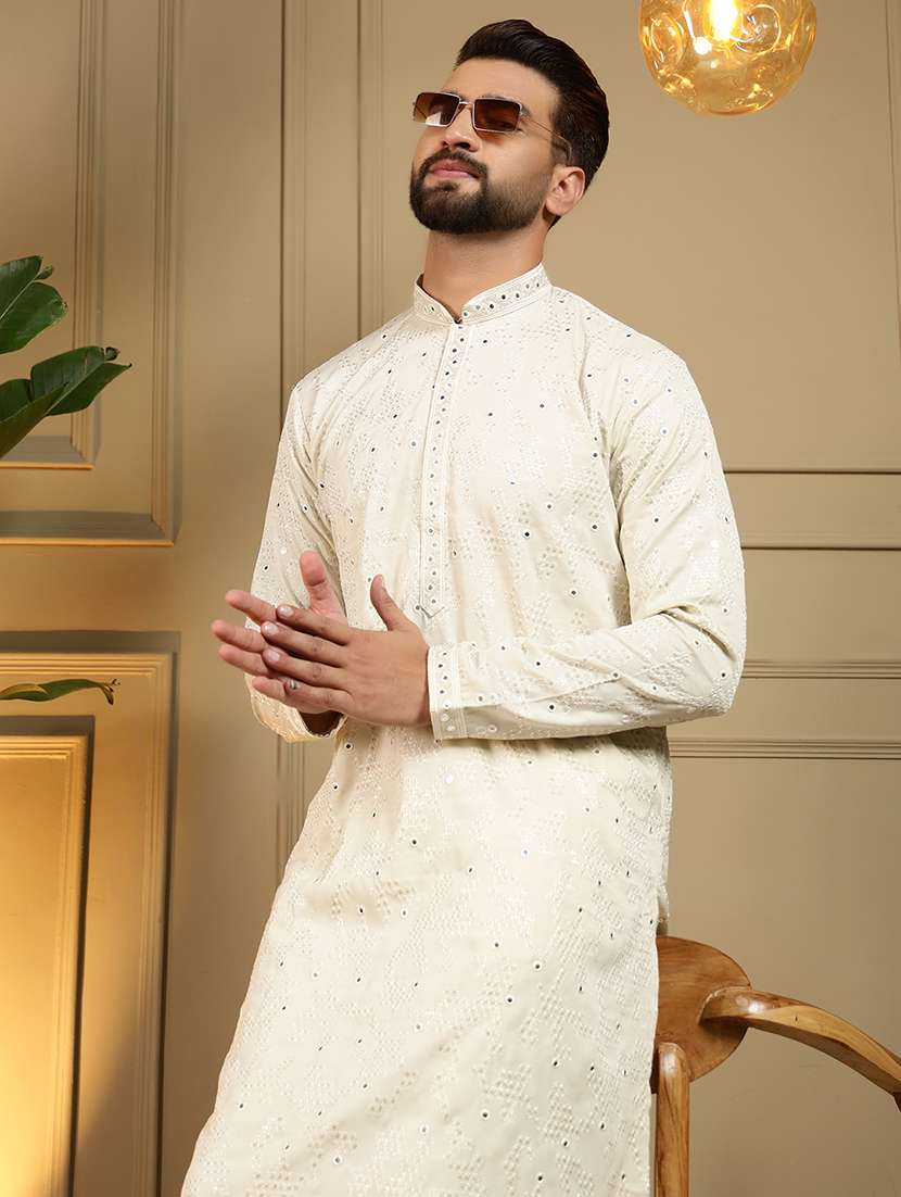 men solid with work mandarin neck long kurta - 22481603 -  Standard Image - 2