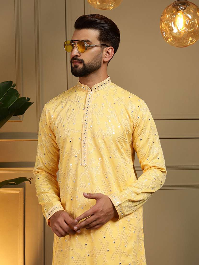 men solid with work mandarin neck long kurta - 22481607 -  Standard Image - 2