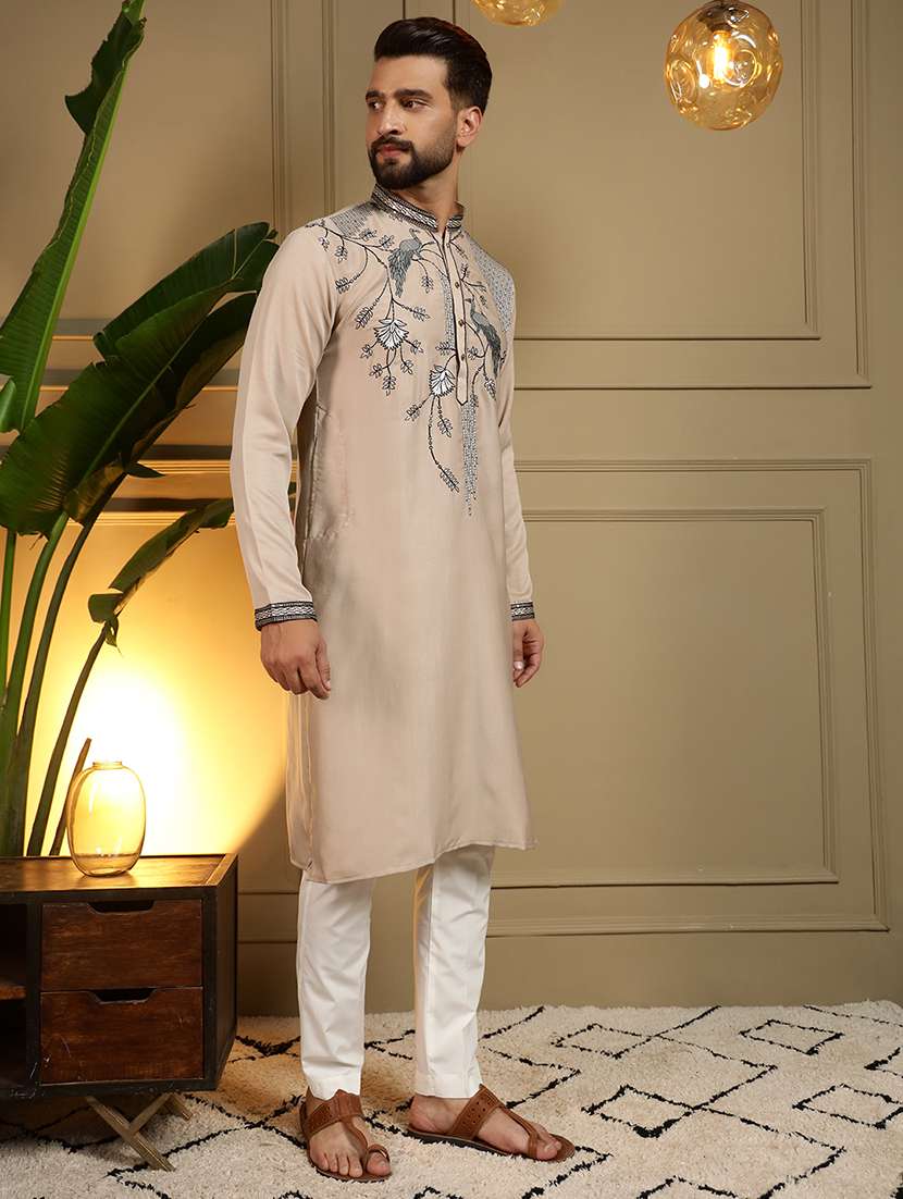 men solid with work mandarin neck long kurta - 22481608 -  Standard Image - 2