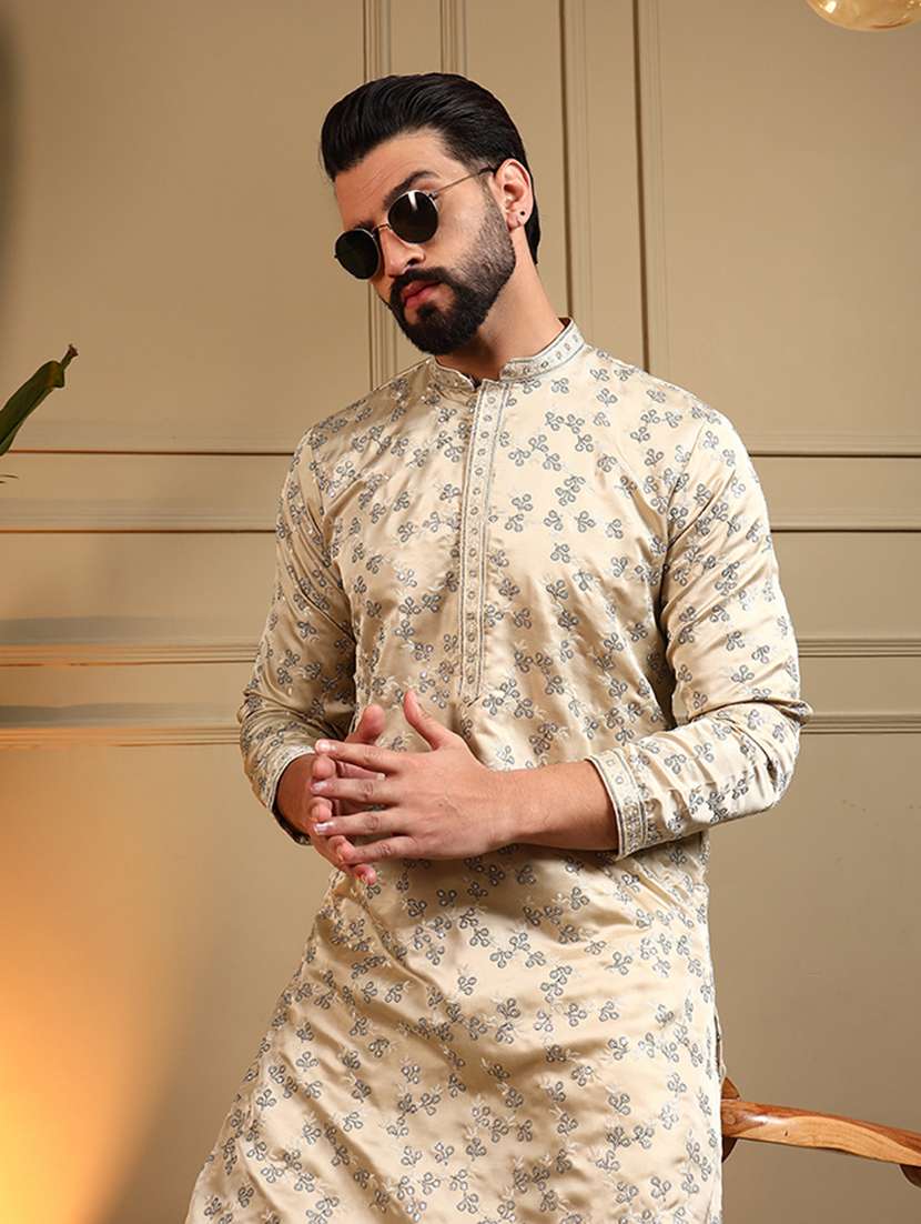 men solid with work mandarin neck long kurta - 22481622 -  Standard Image - 2