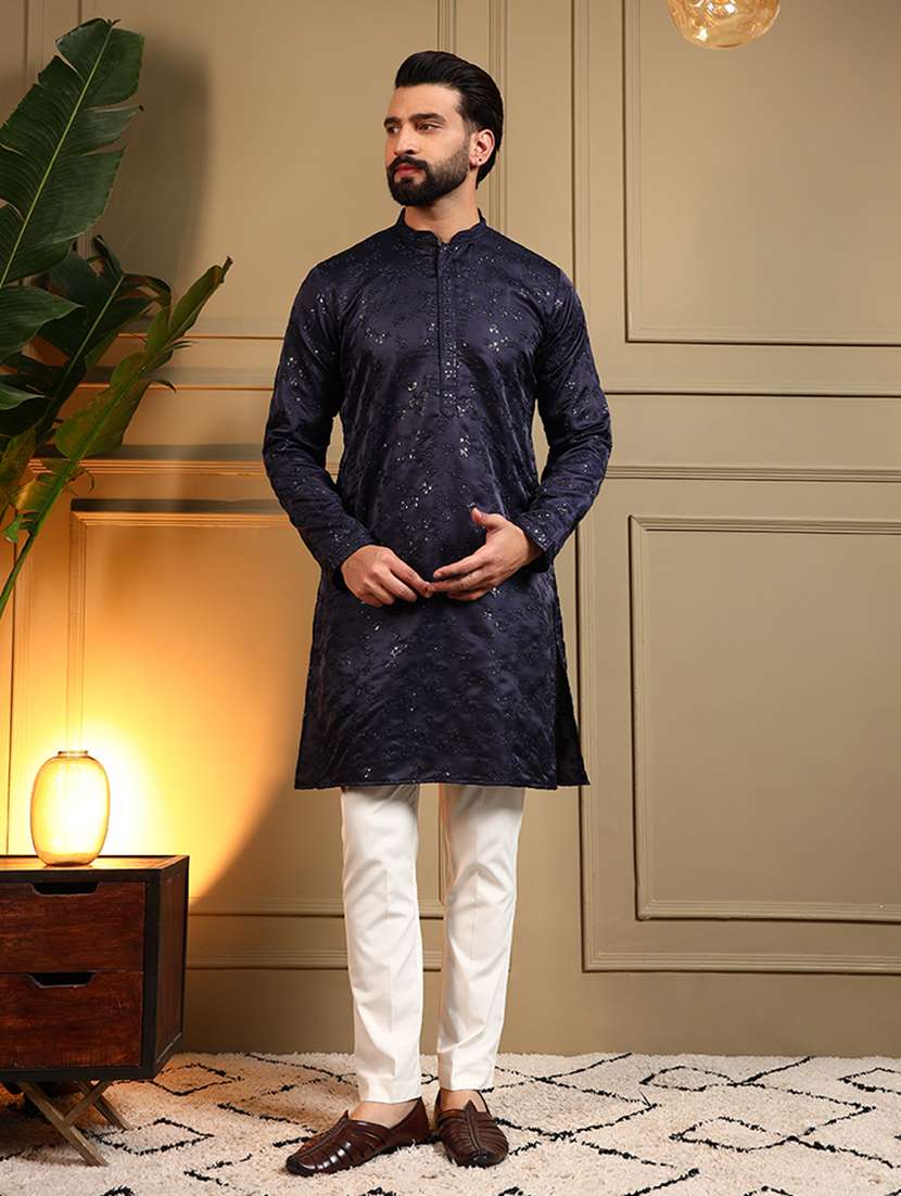 men solid with work mandarin neck long kurta - 22481625 -  Standard Image - 2
