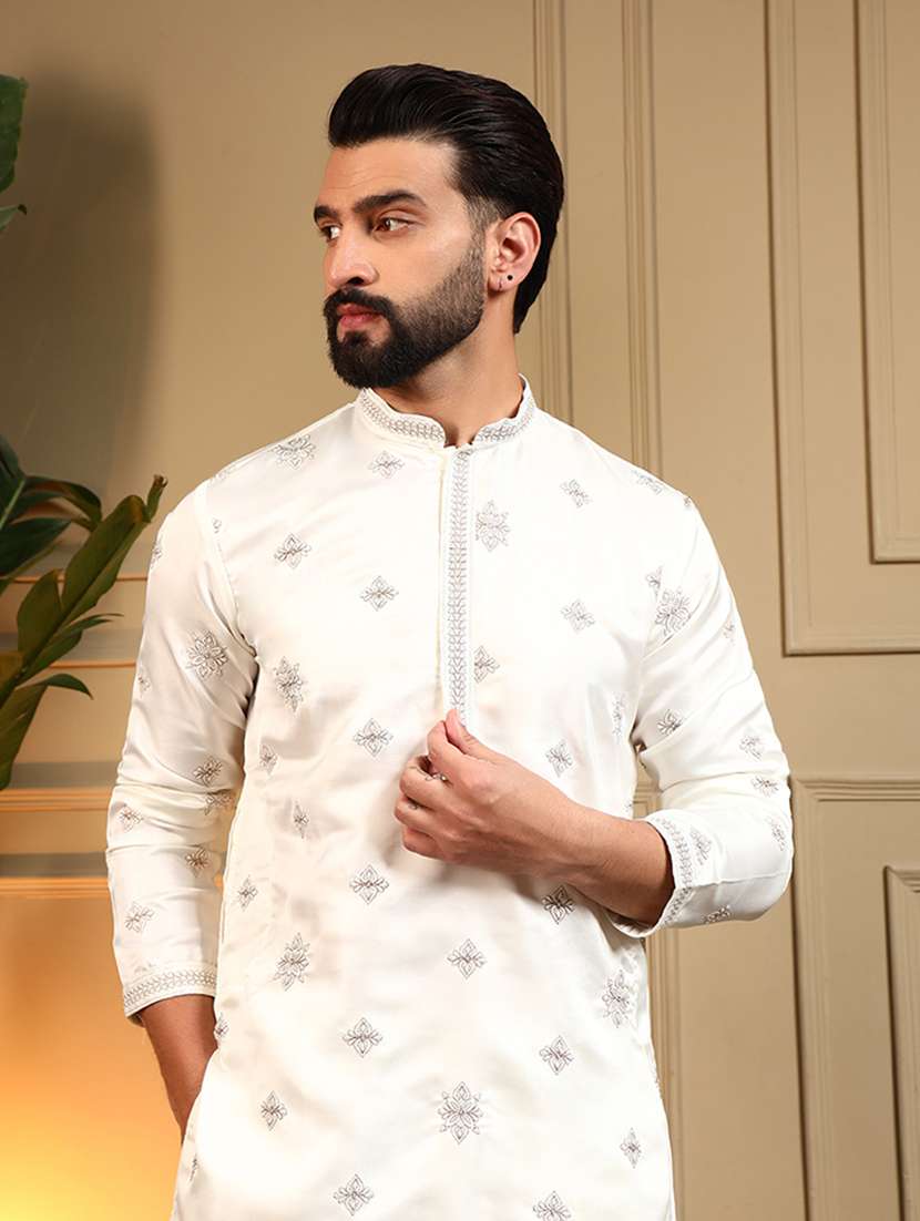 men solid with work mandarin neck long kurta - 22481626 -  Standard Image - 2