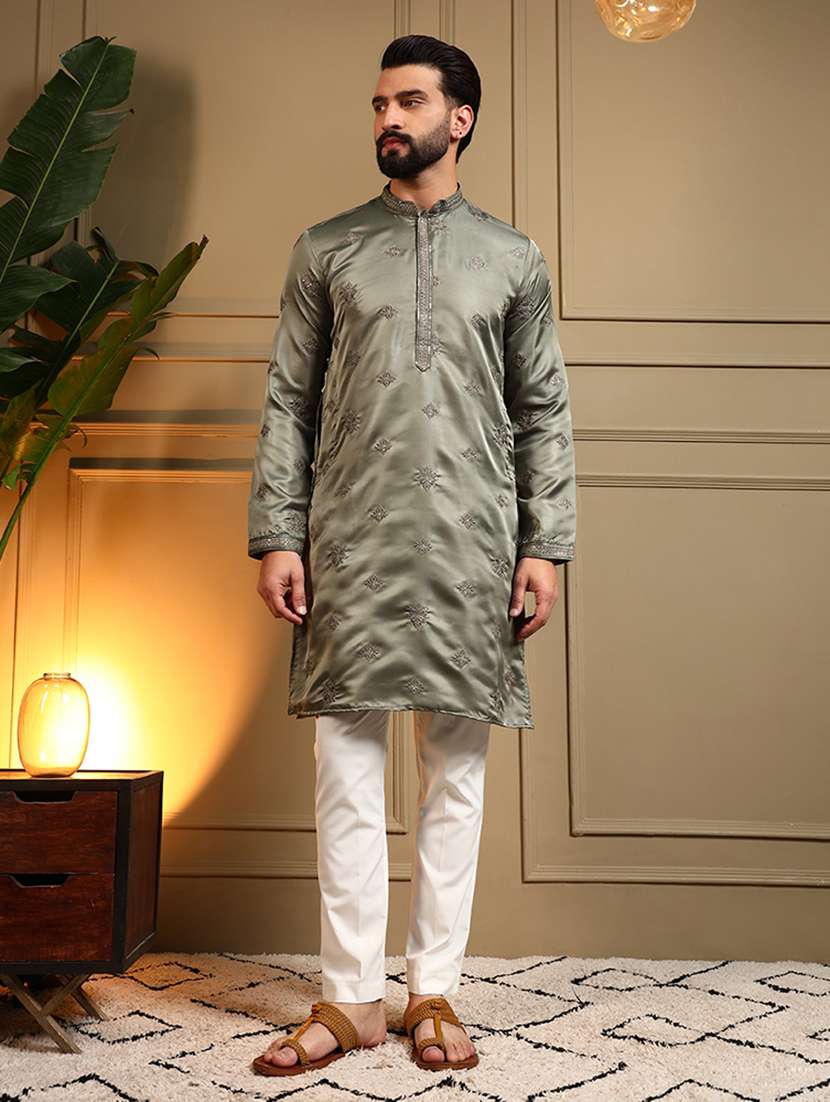 men solid with work mandarin neck long kurta - 22481627 -  Standard Image - 2