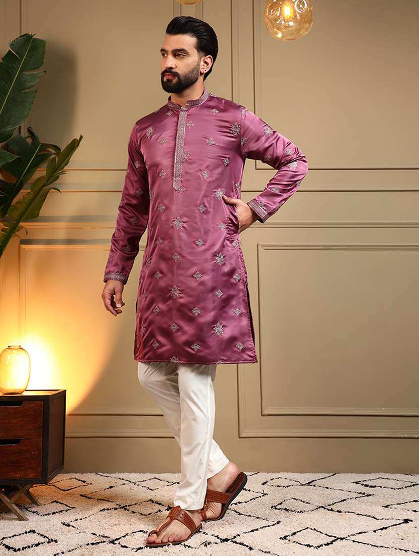 men solid with work mandarin neck long kurta - 22481628 -  Standard Image - 2