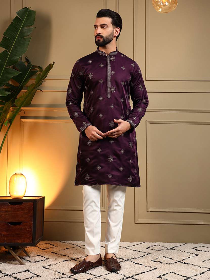 men solid with work mandarin neck long kurta - 22481629 -  Standard Image - 2