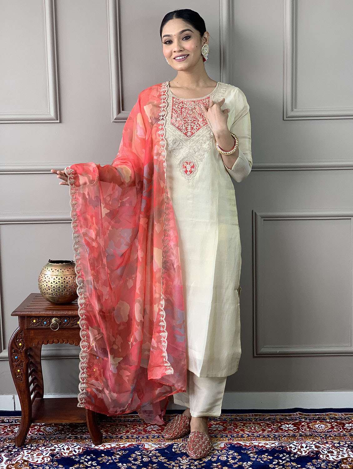 women solid with work three quarter sleeve kurta pant with dupatta set