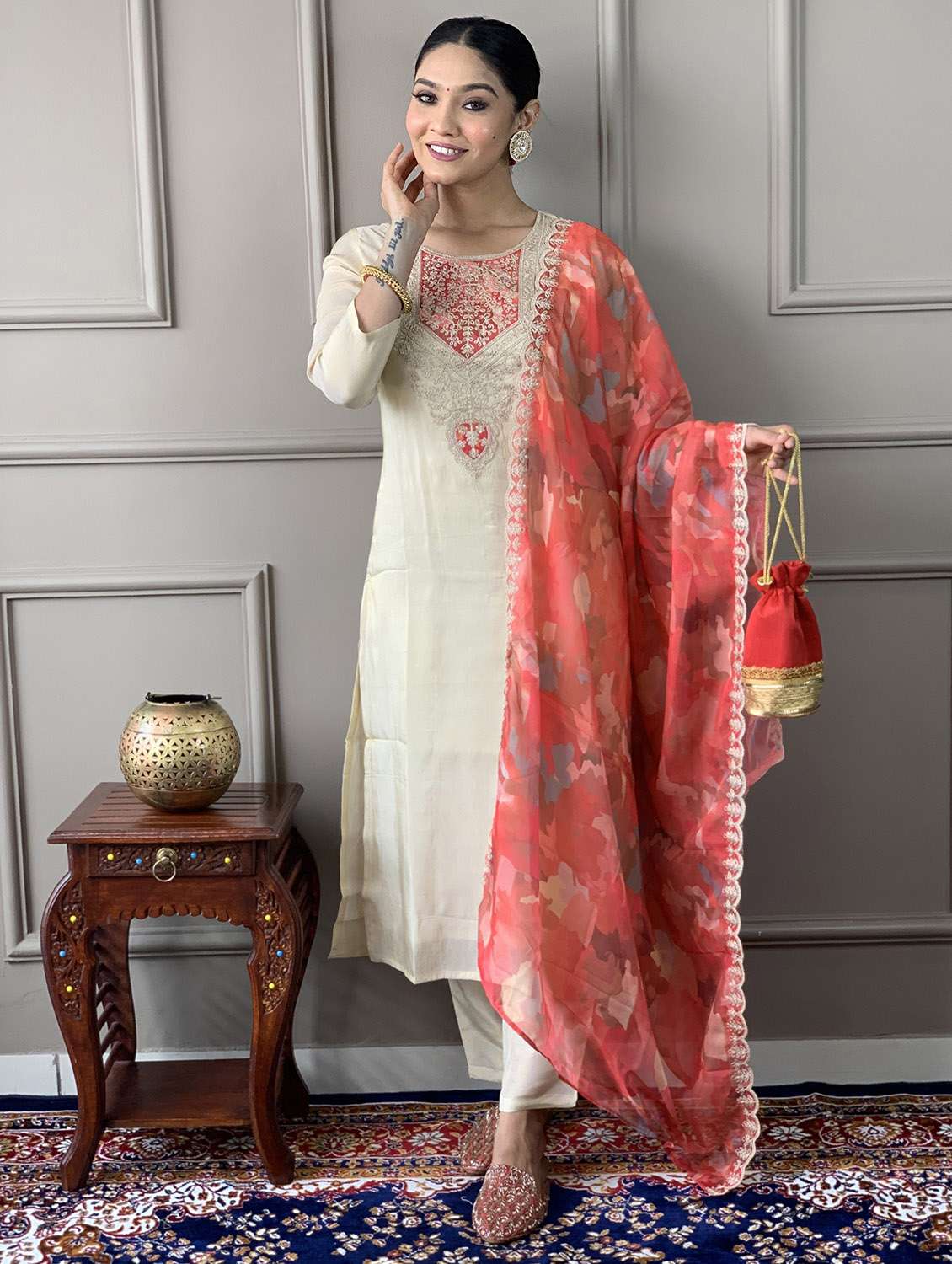 women solid with work three quarter sleeve kurta pant with dupatta set - 22481728 -  Standard Image - 2