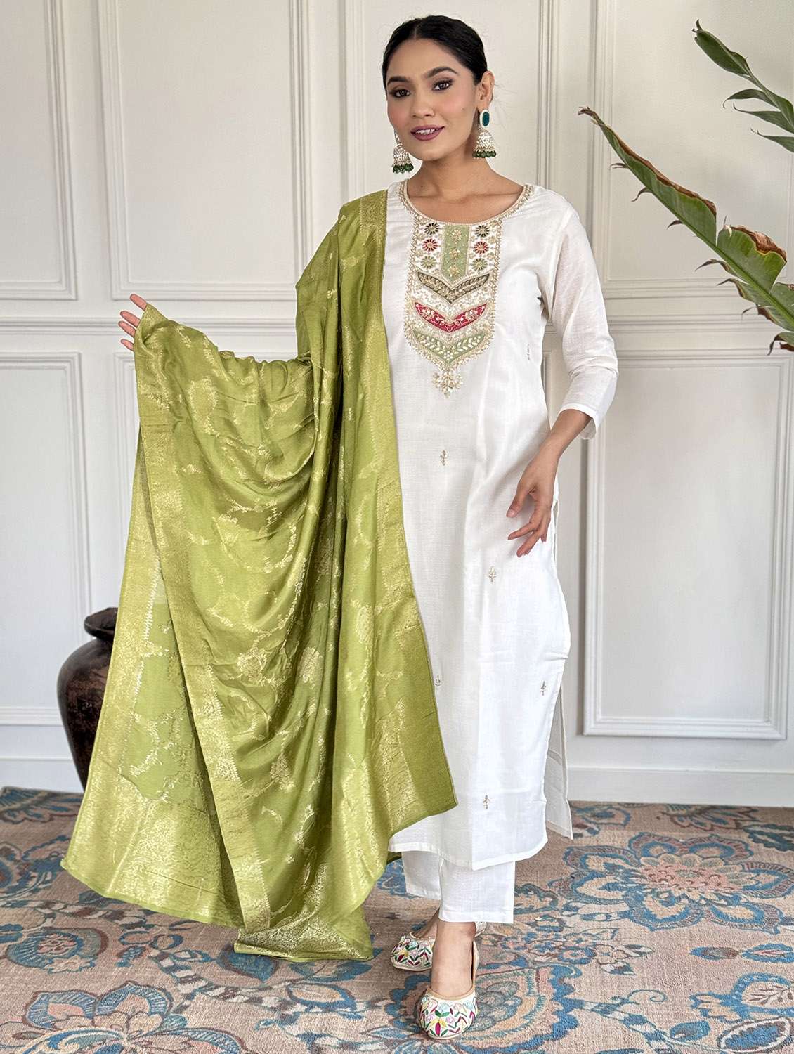 women solid with work three quarter sleeve kurta pant with dupatta set