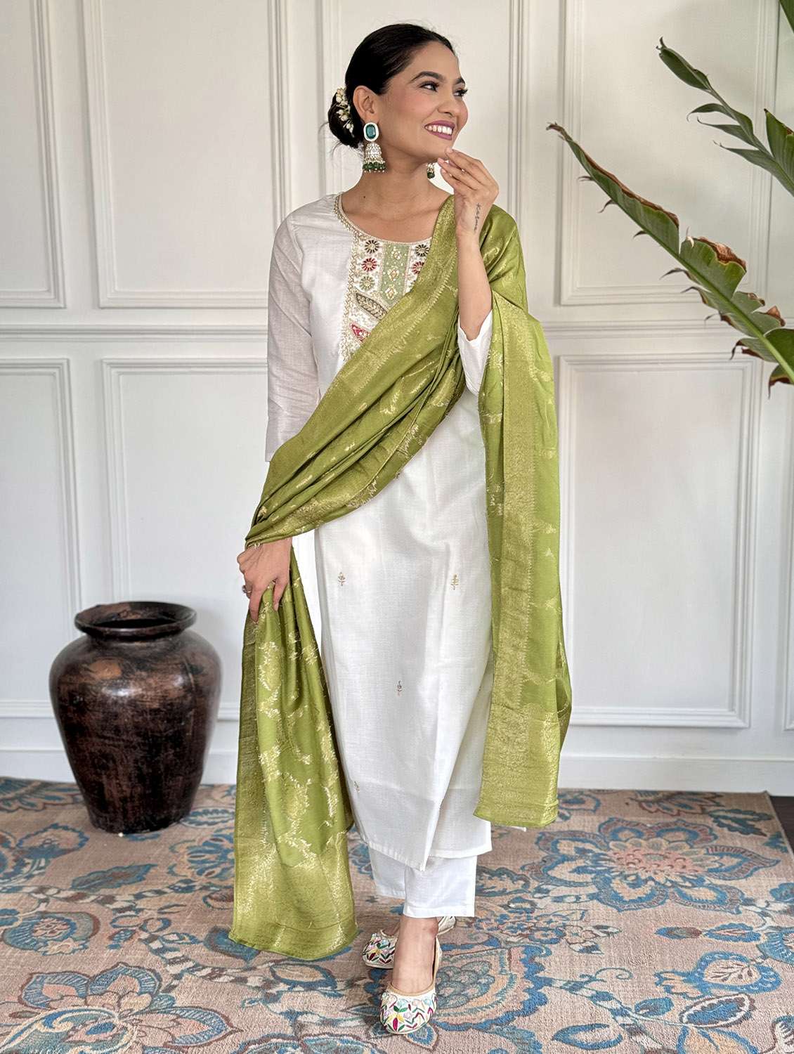 women solid with work three quarter sleeve kurta pant with dupatta set - 22481730 -  Standard Image - 2