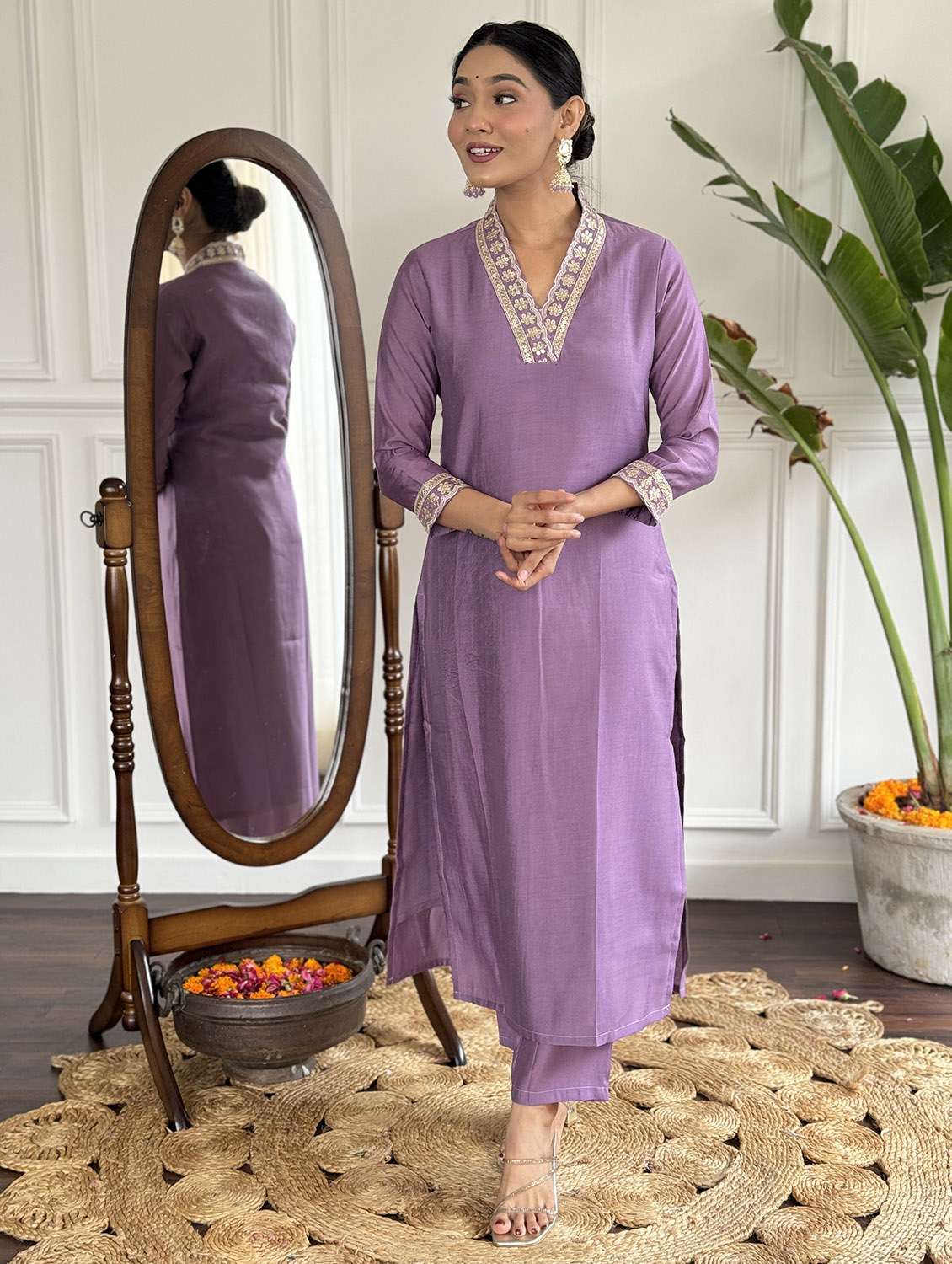 women solid with work three quarter sleeve kurta pant with dupatta set - 22481731 -  Standard Image - 2