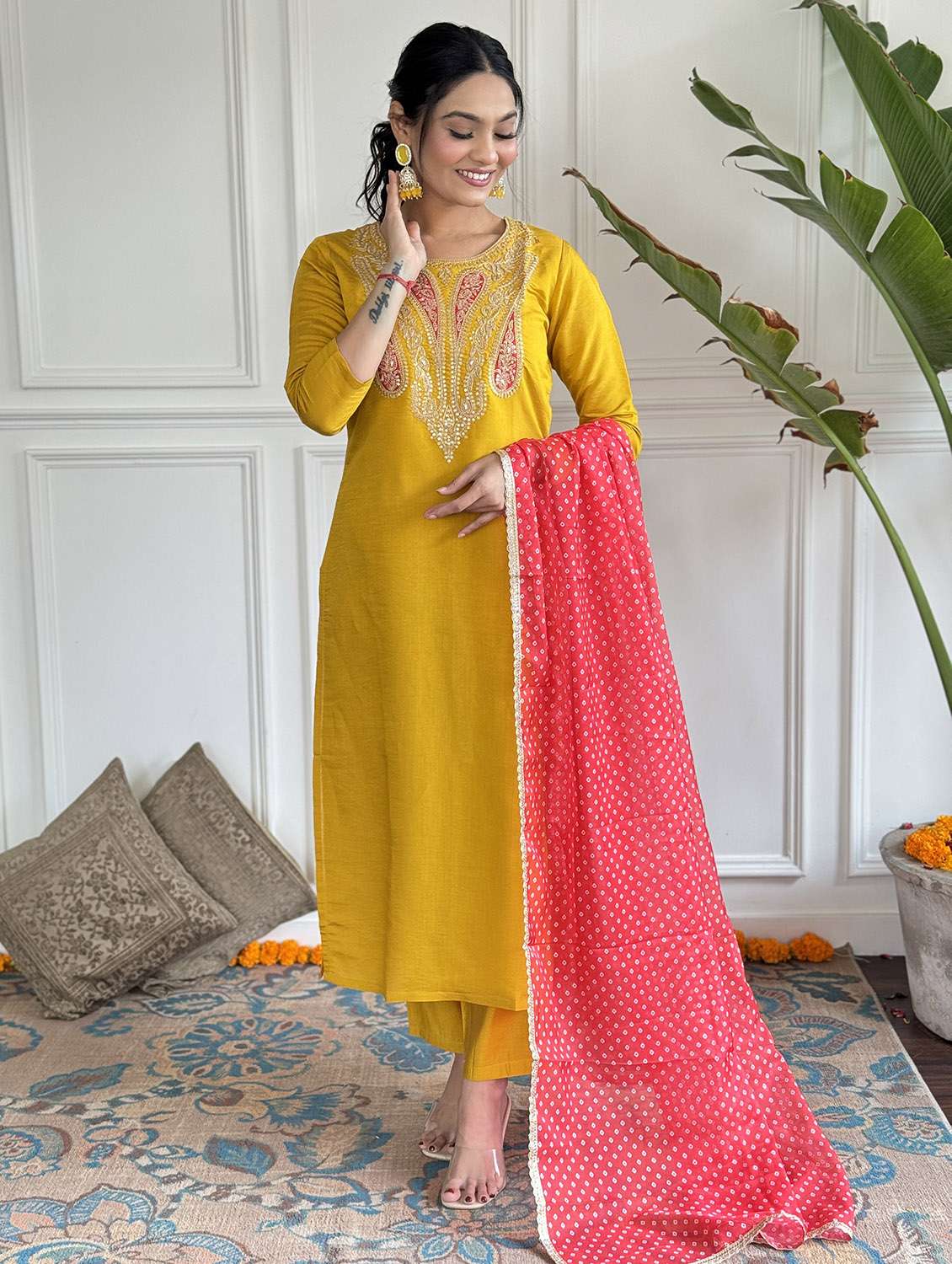 women solid with work three quarter sleeve kurta pant with dupatta set - 22481732 -  Standard Image - 2