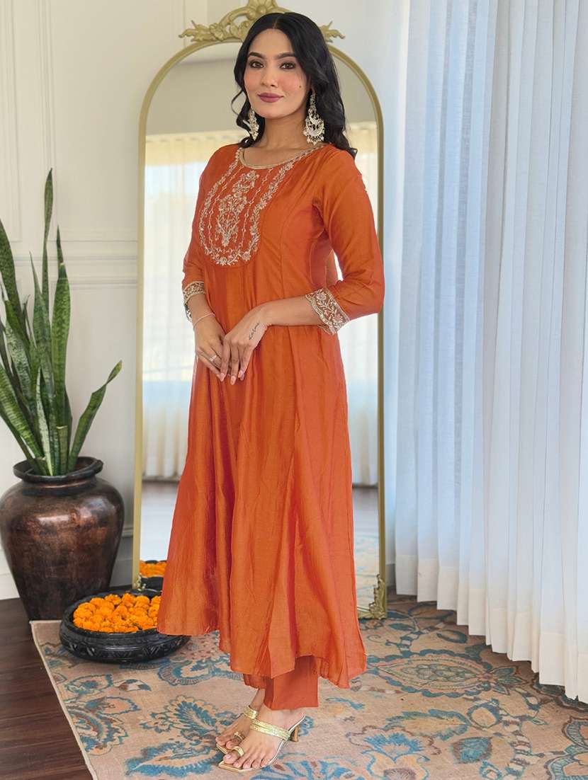 women solid with work three quarter sleeve kurta pant with dupatta set - 22481733 -  Standard Image - 2