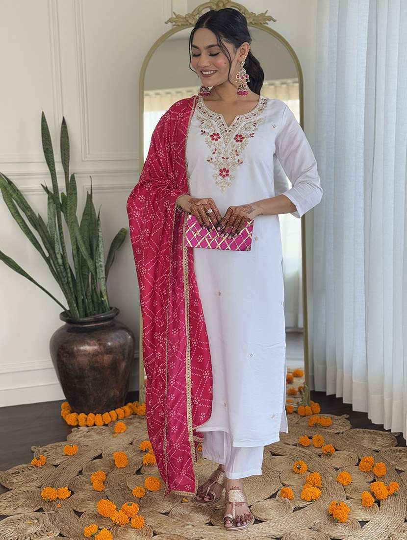 women solid with work three quarter sleeve kurta pant with dupatta set - 22481735 -  Standard Image - 2