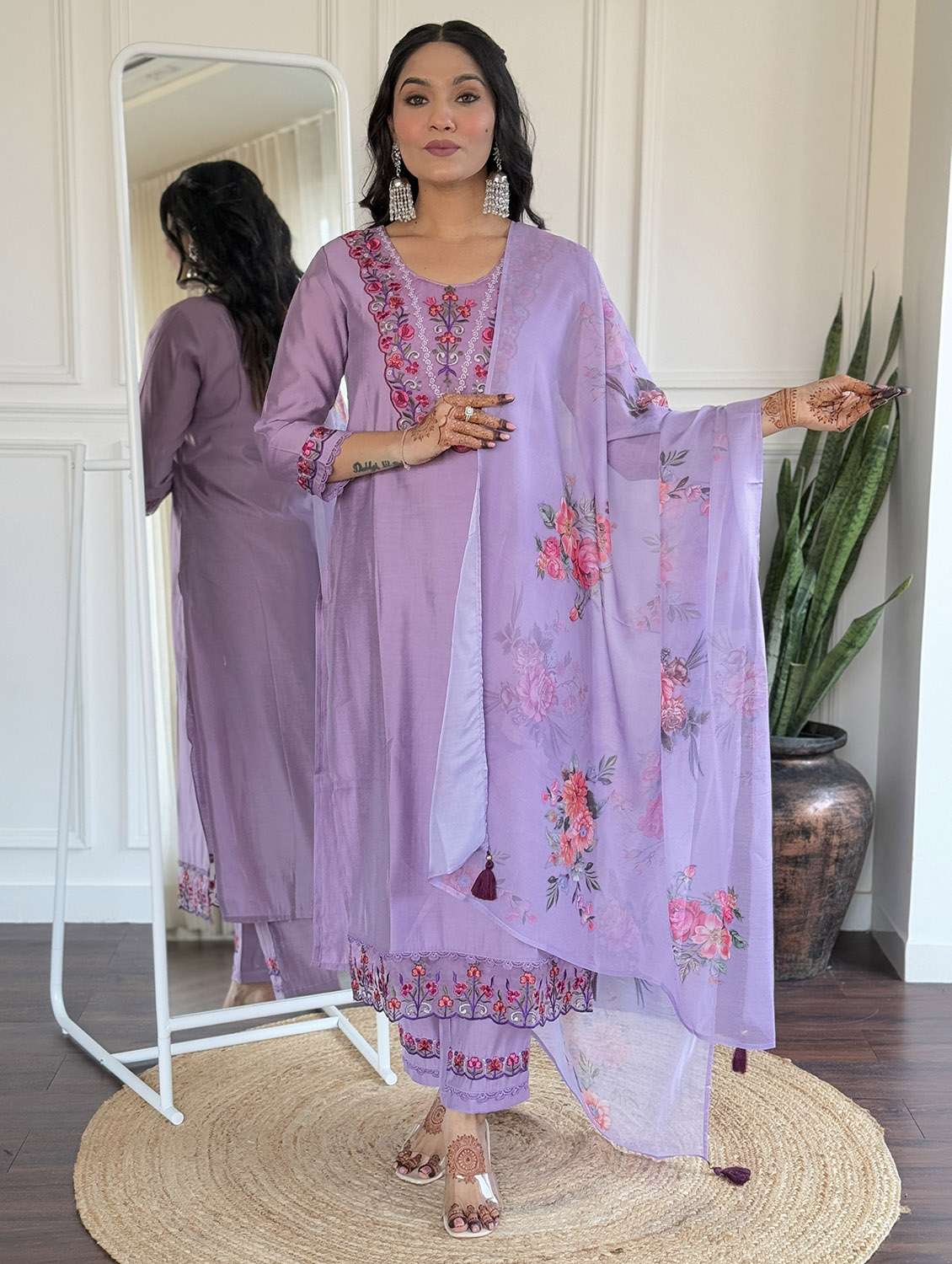 women solid with work three quarter sleeve kurta pant with dupatta set