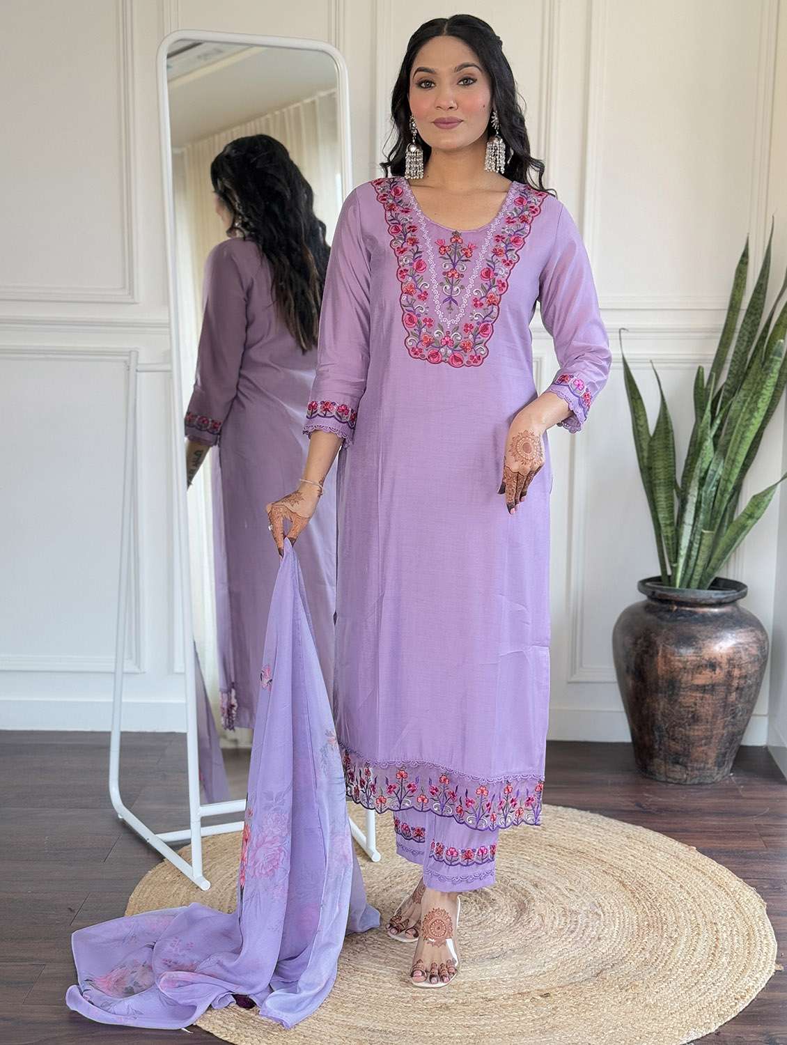 women solid with work three quarter sleeve kurta pant with dupatta set - 22481737 -  Standard Image - 2
