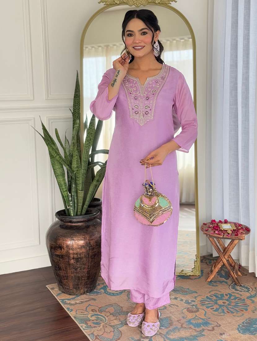 women solid with work three quarter sleeve kurta pant with dupatta set - 22481740 -  Standard Image - 2