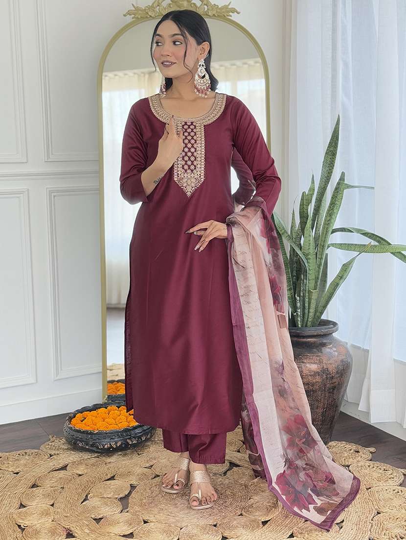 women solid with work three quarter sleeve kurta pant with dupatta set - 22481742 -  Standard Image - 2