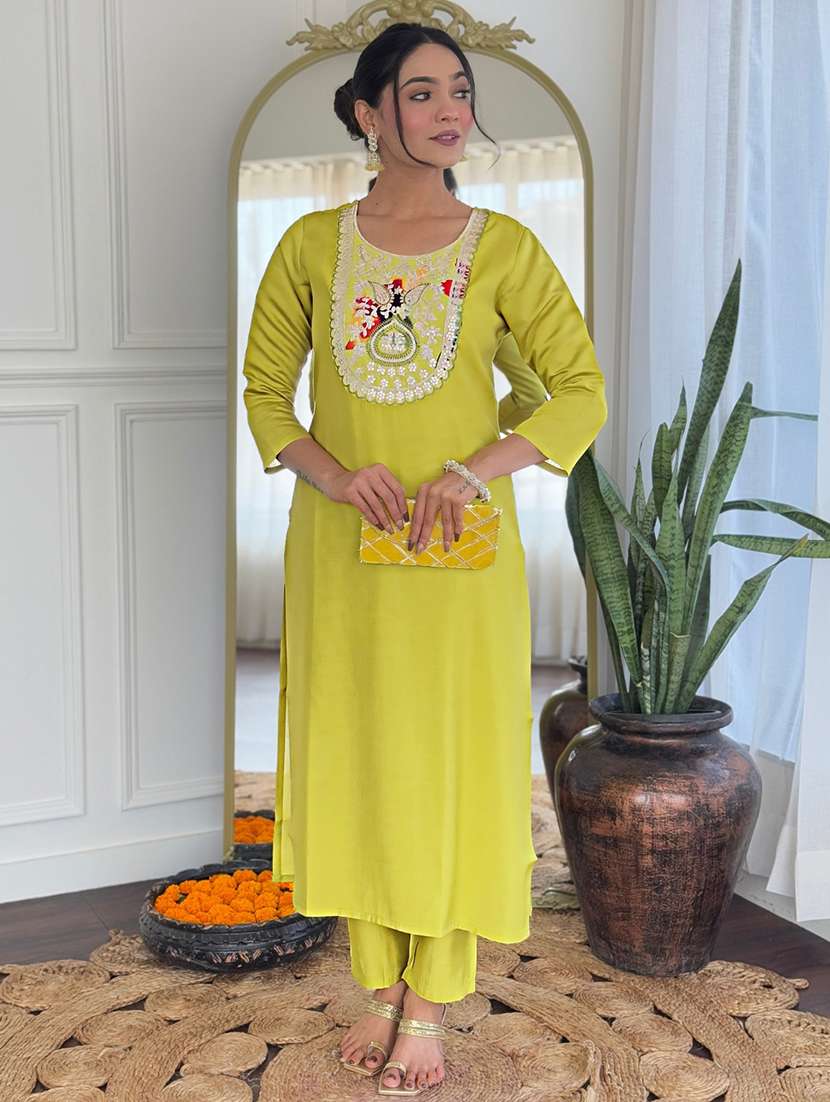women solid with work three quarter sleeve kurta pant with dupatta set - 22481743 -  Standard Image - 2
