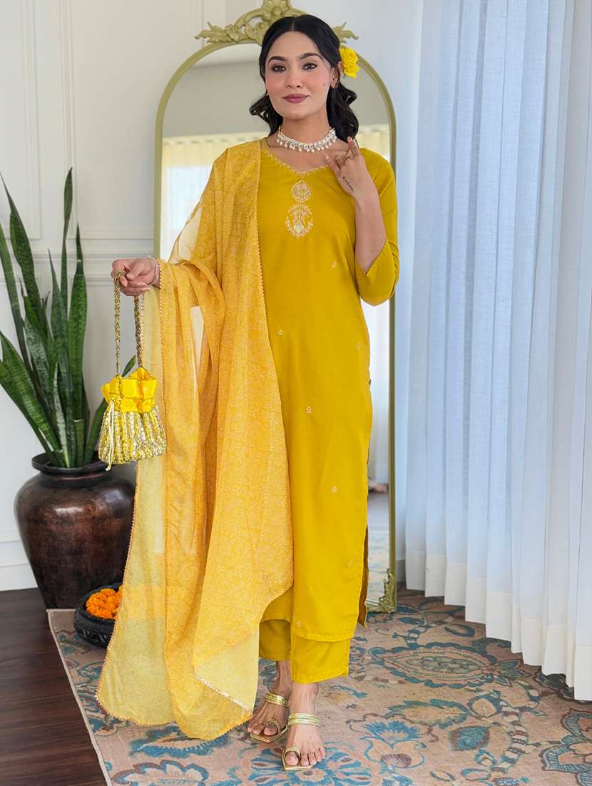 women solid with work three quarter sleeve kurta pant with dupatta set - 22481745 -  Standard Image - 2
