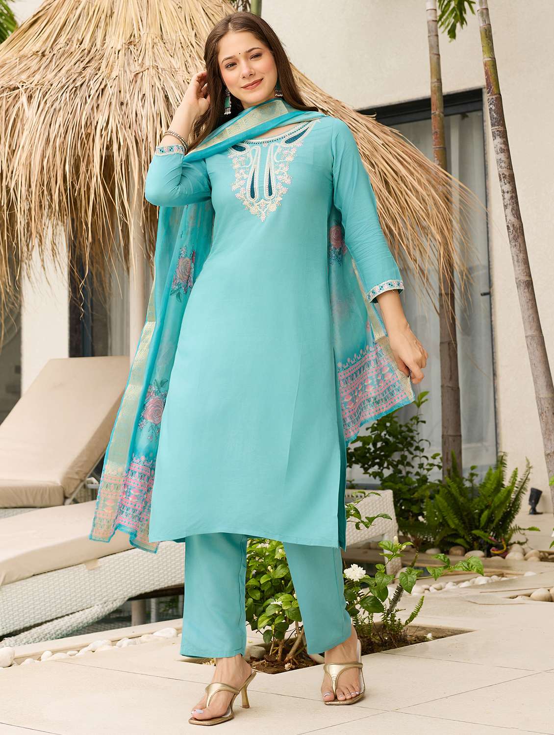 women solid with work three quarter sleeve kurta pant with dupatta set