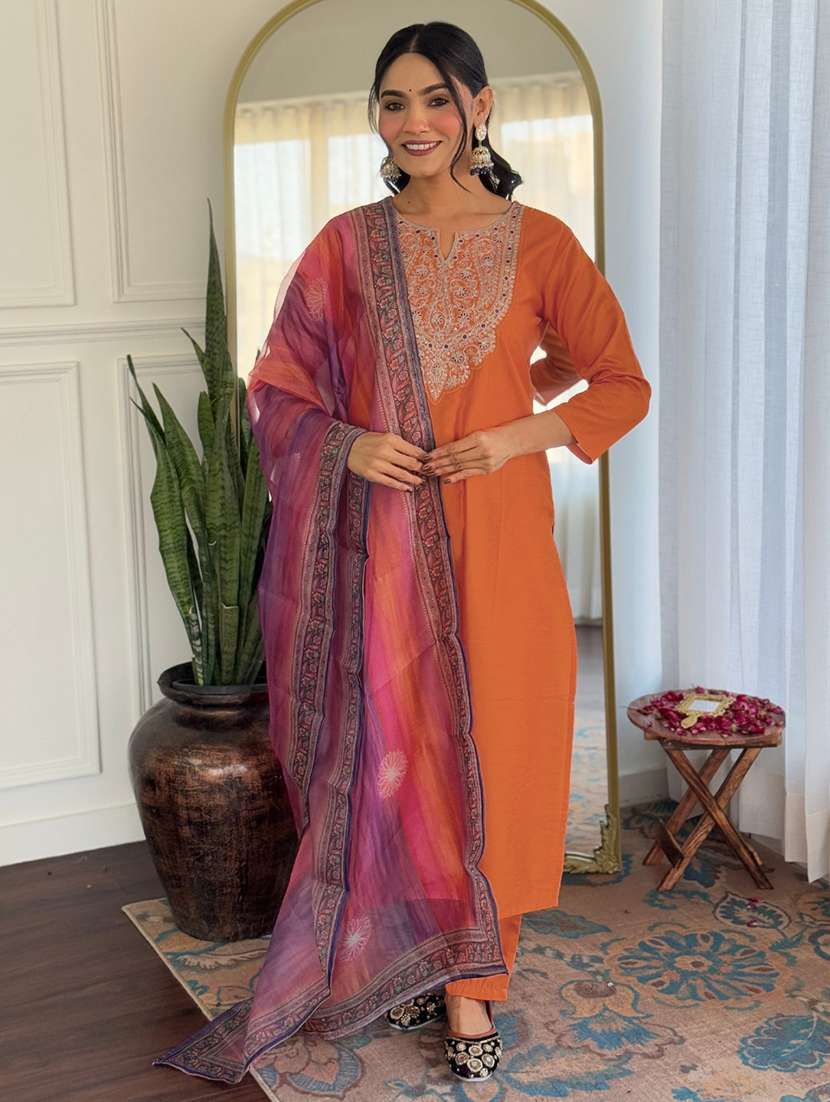 women solid with work three quarter sleeve kurta pant with dupatta set - 22481748 -  Standard Image - 2