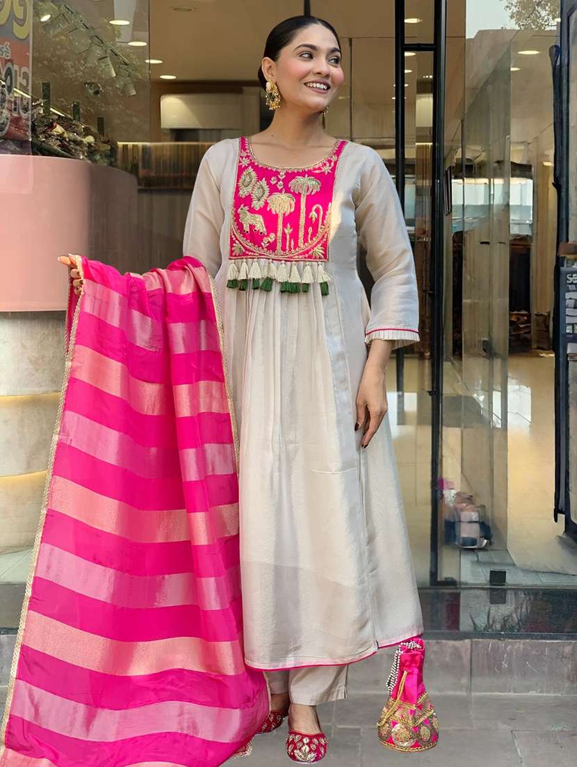 women solid with work three quarter sleeve kurta pant with dupatta set - 22481757 -  Standard Image - 2