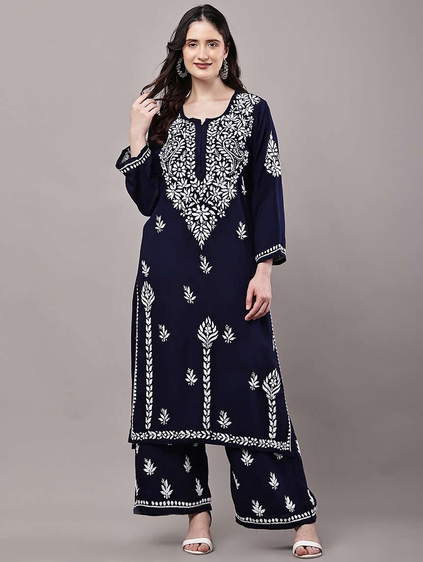 women solid with work long sleeve kurta palazzo set - 22485895 -  Standard Image - 2