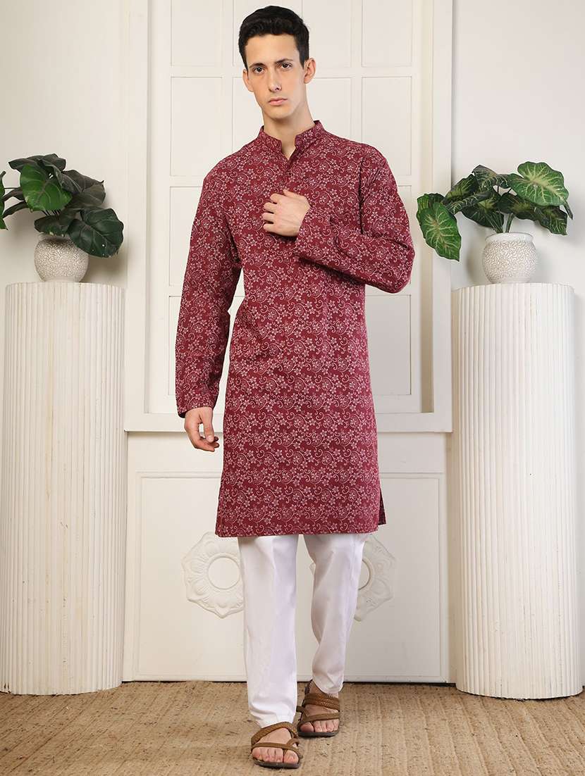 men printed mandarin neck long kurta