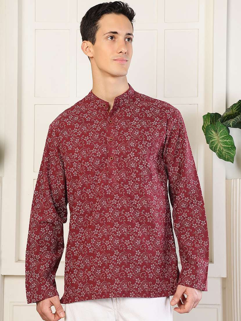 men floral printed mandarin neck short kurta