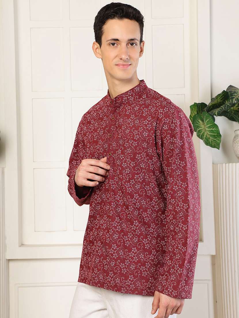 men floral printed mandarin neck short kurta - 22485920 -  Standard Image - 2