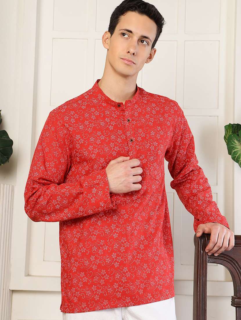 men floral printed mandarin neck short kurta - 22485924 -  Standard Image - 2