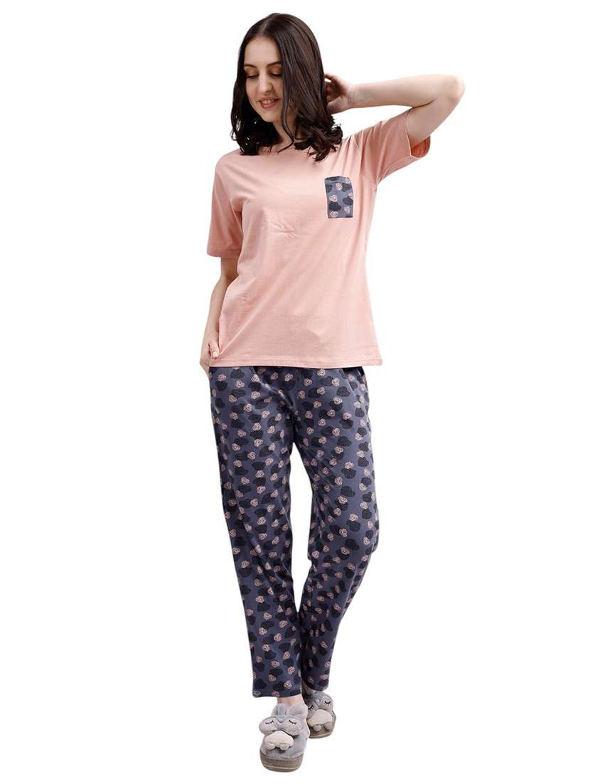 Women Peach Cotton Pyjama Set Nightwear Set - 22486070 -  Standard Image - 2