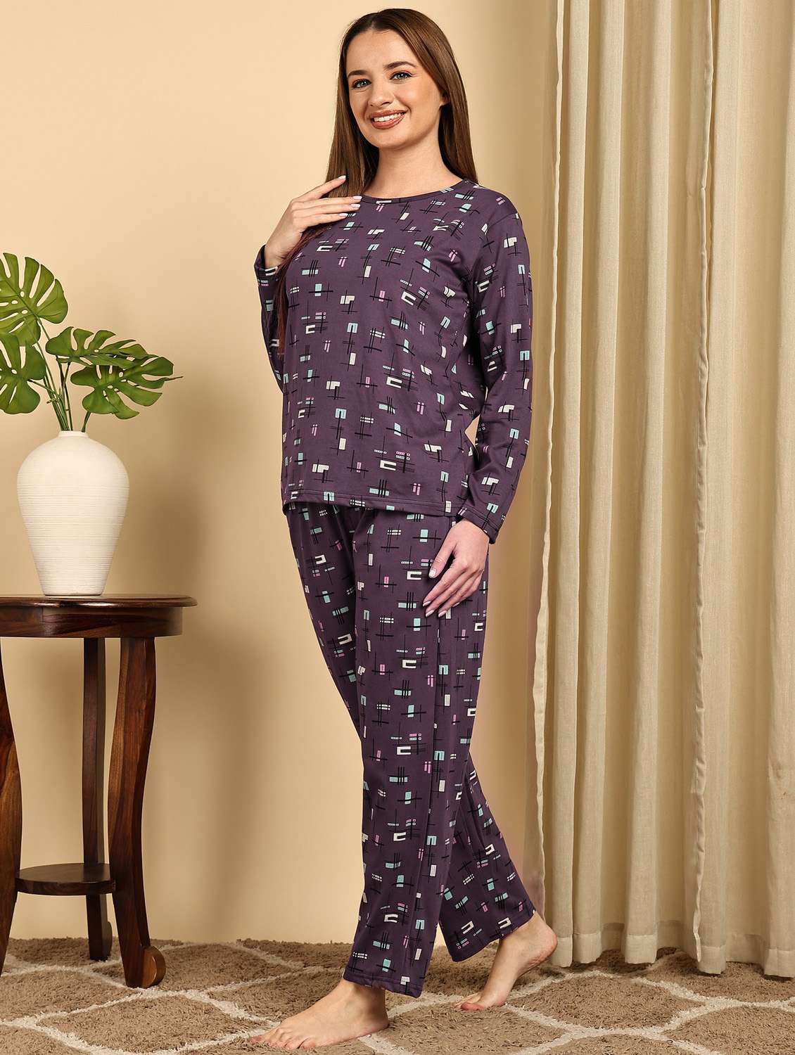 women purple cotton pyjama set nightwear set - 22486081 -  Standard Image - 2