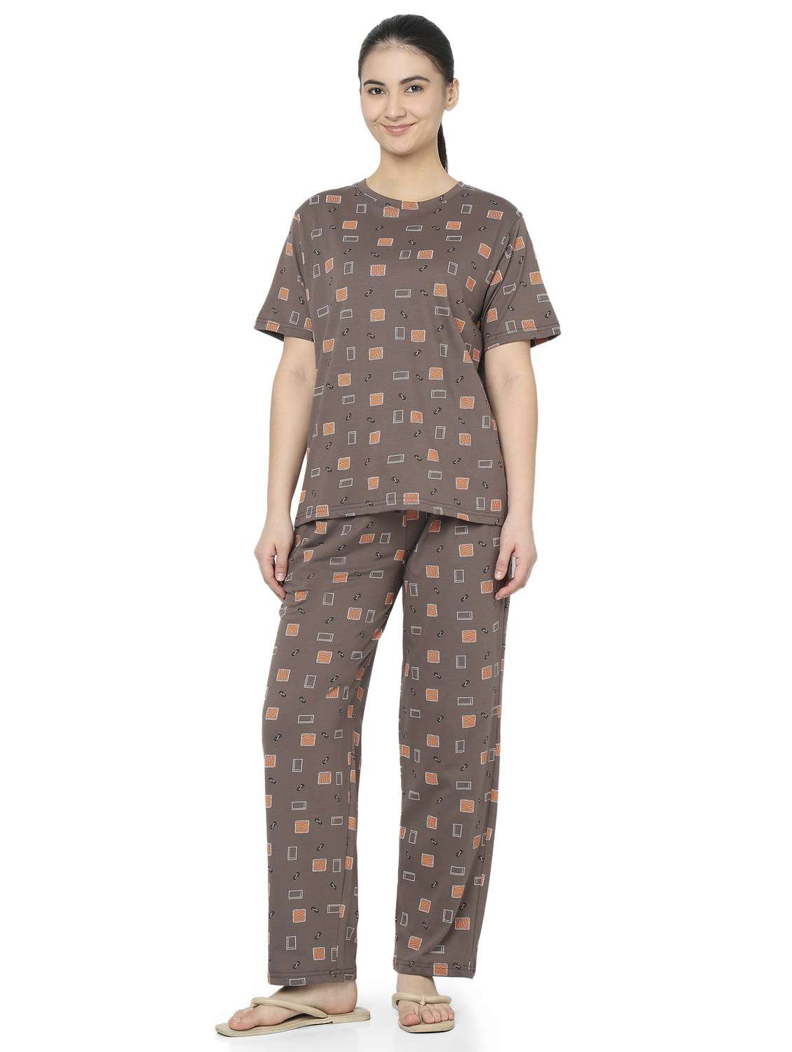 women brown cotton pyjama set nightwear set - 22486092 -  Standard Image - 2