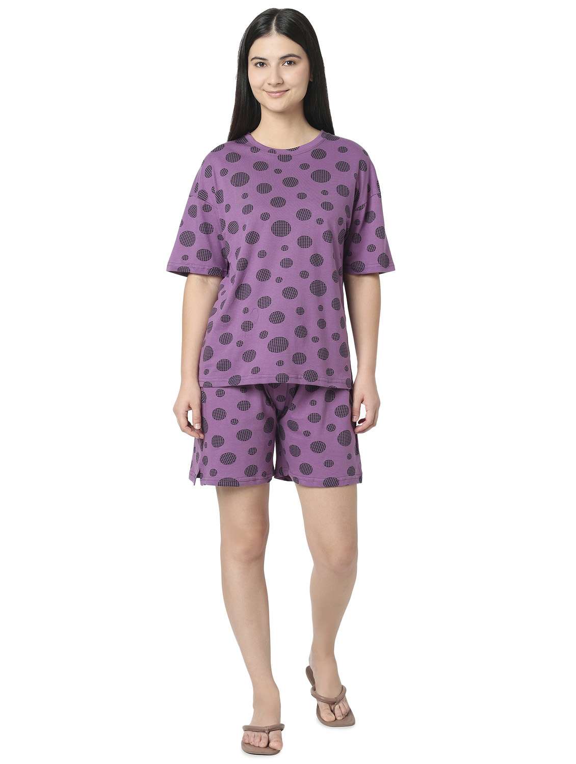girls purple cotton round neck short sleeves pyjama set - 22486100 -  Standard Image - 2