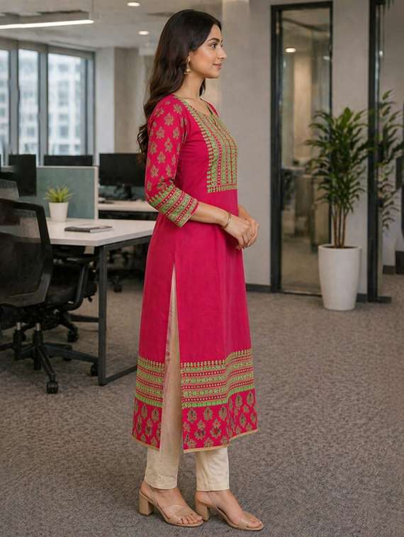 women printed three quarter sleeve straight kurta - 22486217 -  Standard Image - 2