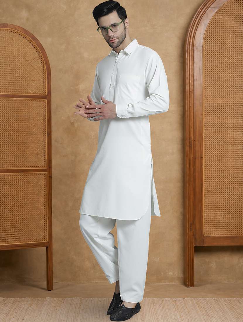 men solid long sleeve pathani ethnic wear set