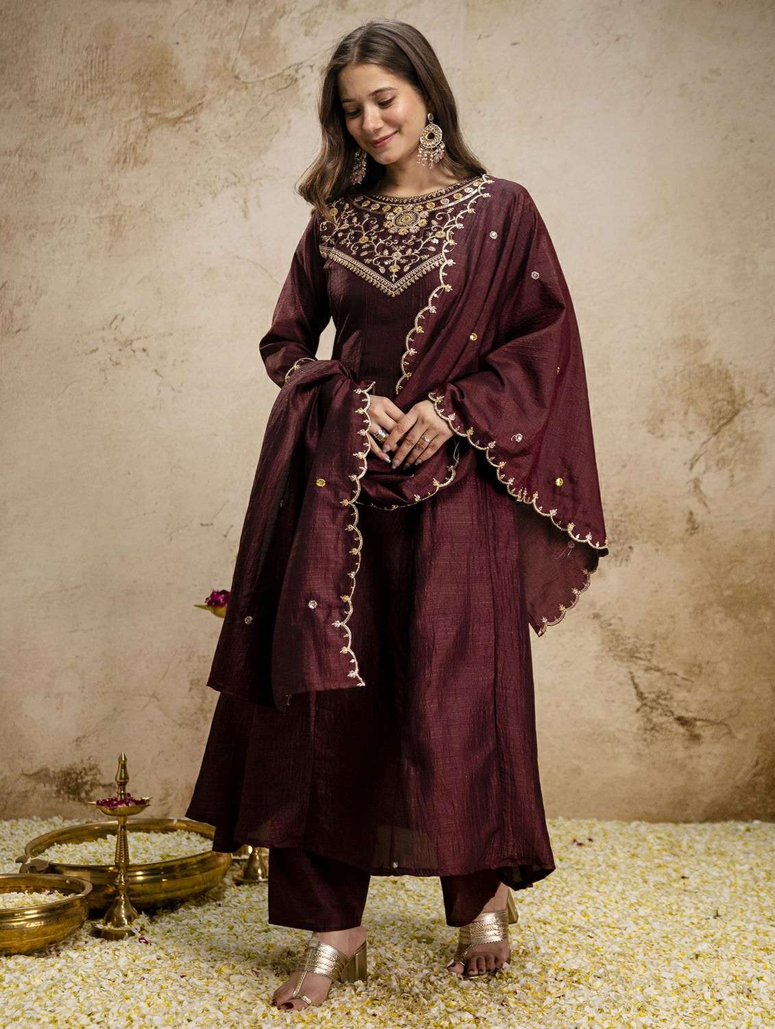 women solid with work three quarter sleeve kurta pant with dupatta set - 22486295 -  Standard Image - 2