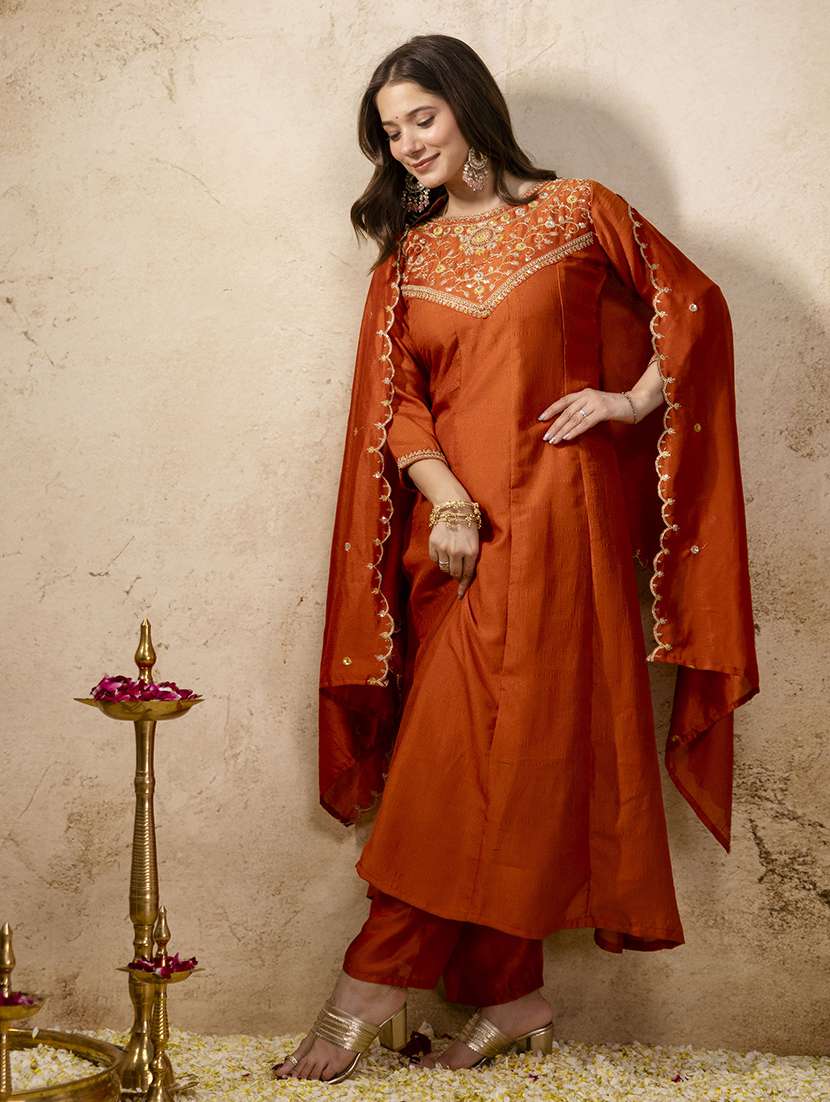 women solid with work three quarter sleeve kurta pant with dupatta set - 22486297 -  Standard Image - 2